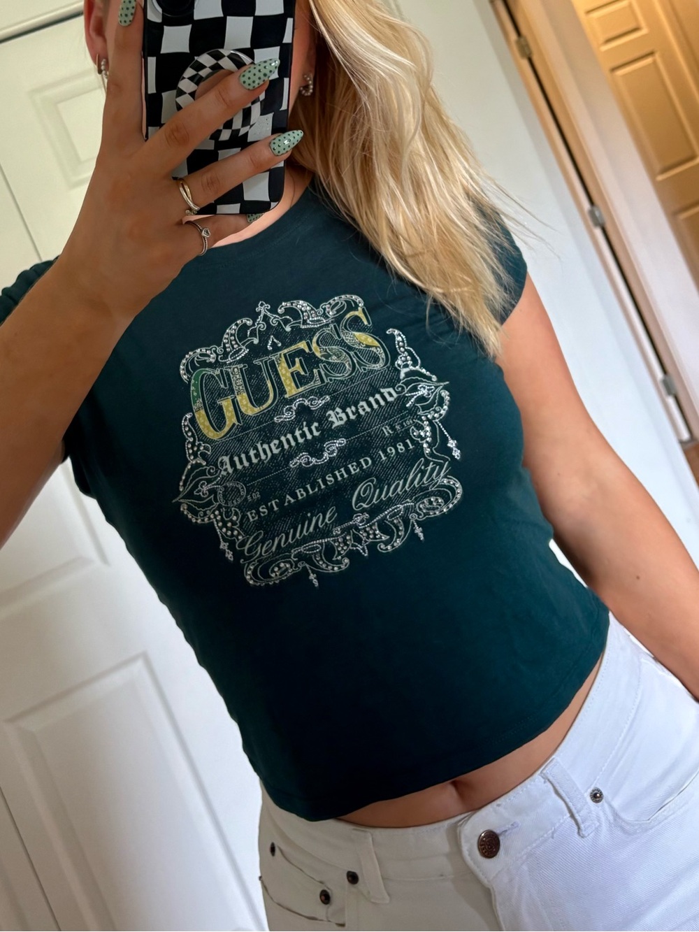 Y2K GUESS Authentic Brand Baby Tee Green Graphic Top Size Small